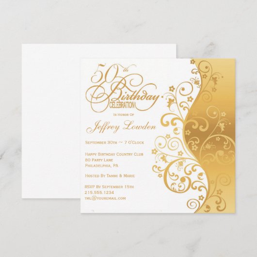 White & Gold 50th Birthday Party Invitation Kaart (Voorkant / Achterkant)