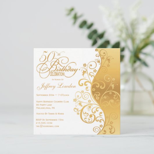 White & Gold 50th Birthday Party Invitation Kaart (Staand voorkant)