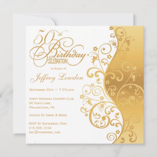 White & Gold 50th Birthday Party Invitation Kaart (Voorkant)