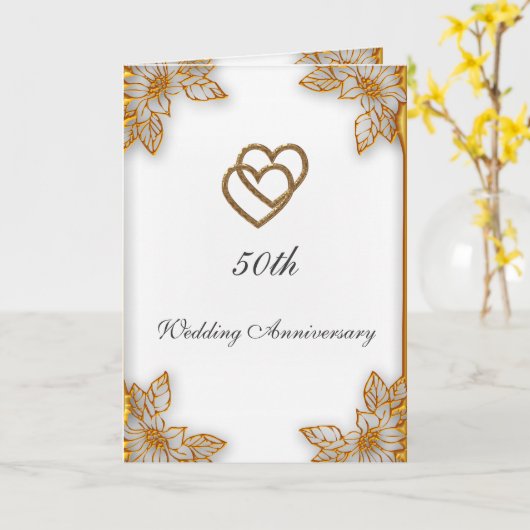White Gold 50th Wedding Jubileum Kaart (Gele Bloem)