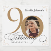White Gold 90th Birthday Calligraphy Custom Photo Sparkling Wijnetiket (Enkel label)
