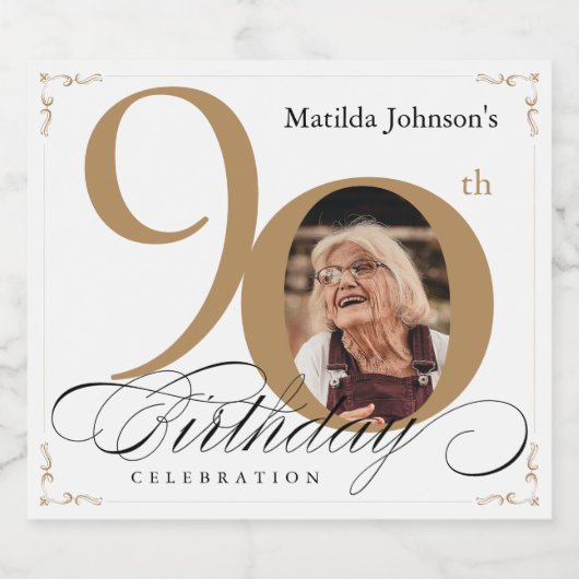 White Gold 90th Birthday Calligraphy Custom Photo Sparkling Wijnetiket (Enkel label)