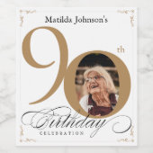 White Gold 90th Birthday Calligraphy Custom Photo Wijn Etiket (Enkel label)