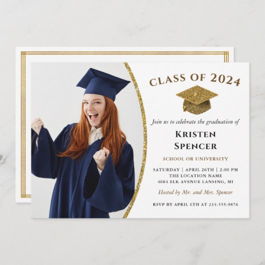 White Gold Afstuderen Foto Lijst Graduparty Kaart (Voorkant / Achterkant)