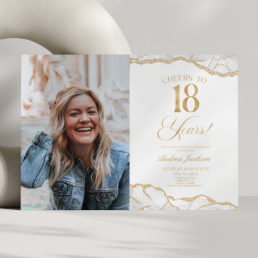 White Gold Agate Picture 18th Birthday Party Kaart