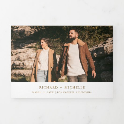 White Gold Arch Photo QR code Wedding Drieluik Uitnodiging (Cover)