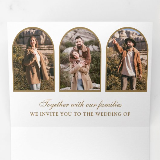 White Gold Arch Photo QR code Wedding Drieluik Uitnodiging (Binnenzijde eerst)