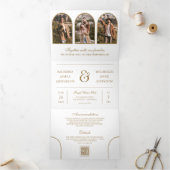White Gold Arch Photo QR code Wedding Drieluik Uitnodiging (Binnen)