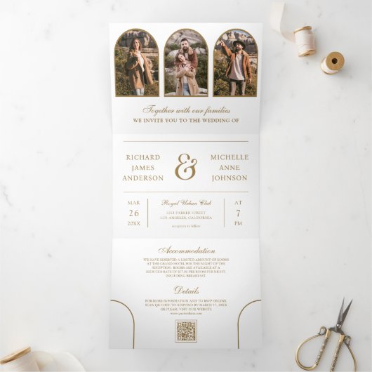 White Gold Arch Photo QR code Wedding Drieluik Uitnodiging (Binnen)