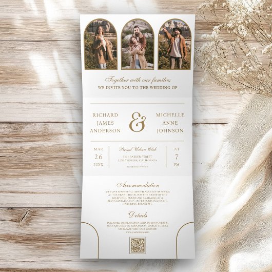White Gold Arch Photo QR code Wedding Drieluik Uitnodiging