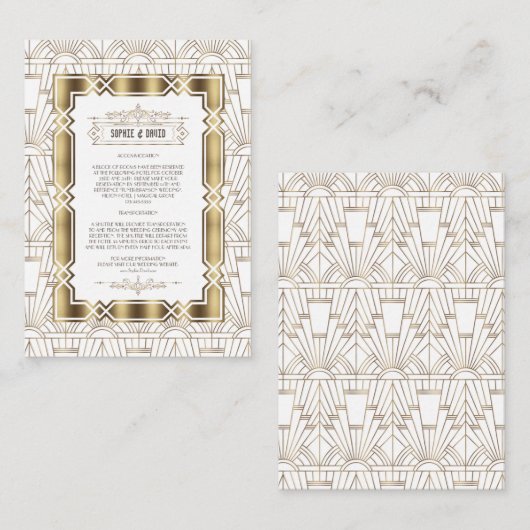 White Gold Art Deco Gatsby 1920s Wedding Details Informatiekaartje (Voorkant / Achterkant)