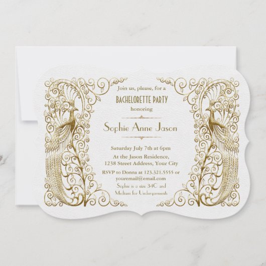 White Gold Art Deco Peacock Bachelorette Party Kaart (Voorkant)