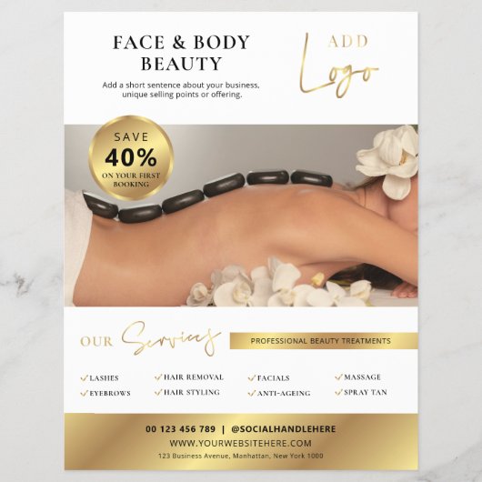 White & Gold Beauty Spa Salon Services Marketing Flyer (Voorkant)