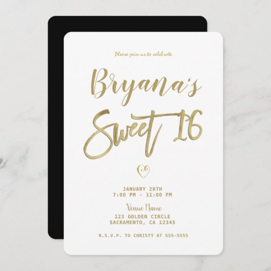 White Gold & Black Modern Minimal Chic Sweet 16 Kaart (Voorkant / Achterkant)