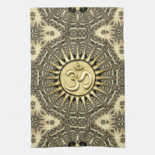 White Gold Black Solar OM Mandala Home Decor Theedoek