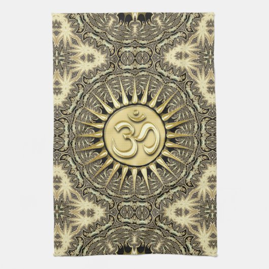White Gold Black Solar OM Mandala Home Decor Theedoek (Verticaal)