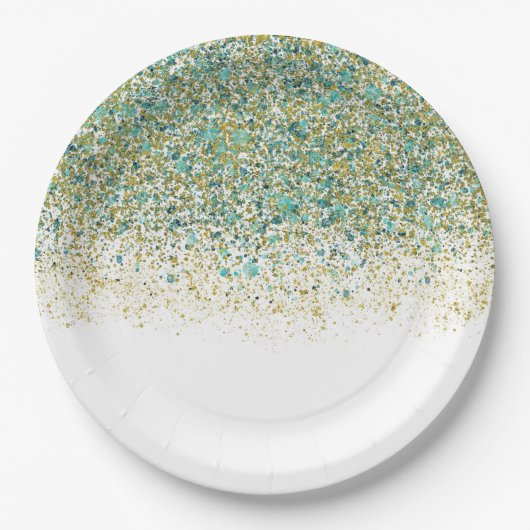 White Gold & Blauwgroen Blue Glitter Modern Coasta Papieren Bordje (Voorkant)
