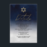 White Gold Blue Waterverf Bar Mitzvah - Gegevens Informatiekaartje<br><div class="desc">Deze moderne en artsythemed Bar Mitzvah detailkaart is de perfecte keuze voor je zoon voor zijn speciale dag. Het is voorzien van een handbeschilderd blauw en wit ombre gradiënt. Bovenaan de uitnodiging staat een faux gedrukte gouden ster van David en aangepaste typografie. Het is een uniek, cool en trendy design...</div>