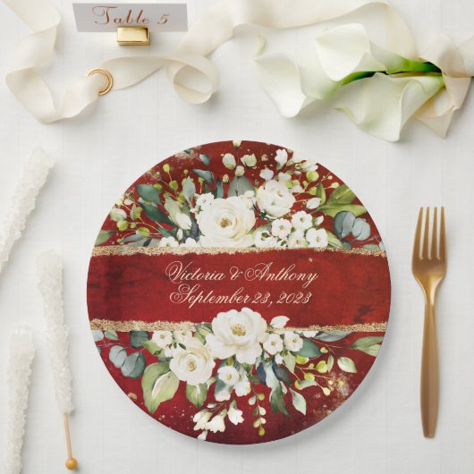 White Gold Botanical Floral Rustic Red Wedding Pa Papieren Bordje (Huwelijk)