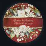 White Gold Botanical Floral Rustic Red Wedding Papieren Bordje<br><div class="desc">Prachtige witte en groene botanische florale sprays met namen en datums in het script in het midden. Scarlet rode rustige achtergrond. Faux Gold glitter om de toon te zetten voor romantische elegantie. Goudspetters eindigen met dit  bord van trouwpapier. Mooie gedurfde kleuren en ivoor voor elk seizoen.</div>
