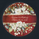 White Gold Botanical Floral Rustic Red Wedding Papieren Bordje<br><div class="desc">Prachtige witte en groene botanische florale sprays met namen en datums in het script in het midden. Scarlet rode rustige achtergrond. Faux Gold glitter om de toon te zetten voor romantische elegantie. Goudspetters eindigen met dit  bord van trouwpapier. Mooie gedurfde kleuren en ivoor voor elk seizoen.</div>