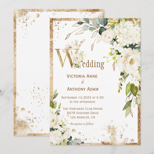 White Gold Botanical Floral Rustic Wedding Kaart (Voorkant / Achterkant)