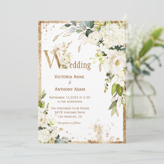 White Gold Botanical Floral Rustic Wedding Kaart (Staand voorkant)