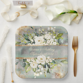White Gold Botanical Floral Sage Green Wedding Papieren Bordje