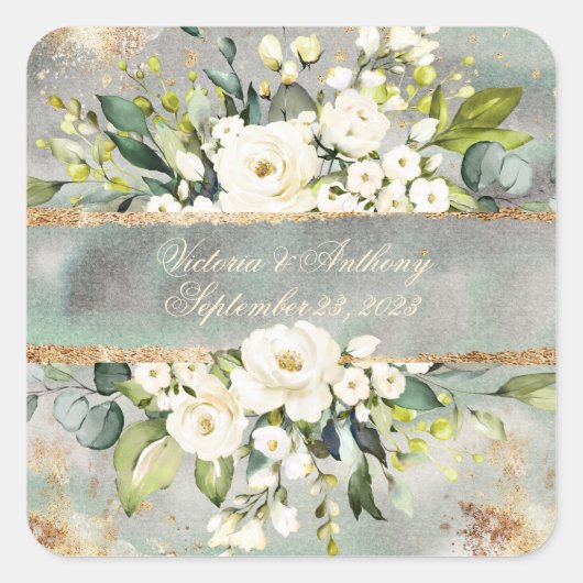 White Gold Botanical Floral Sage Green Wedding Vierkante Sticker (Voorkant)
