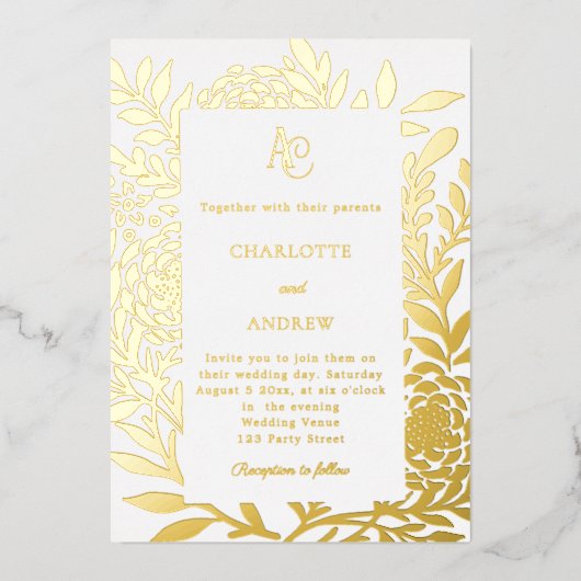 White gold botanical monogram luxury wedding folie uitnodiging (Voorkant)