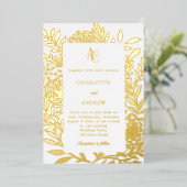 White gold botanical monogram luxury wedding folie uitnodiging (Staand Voorkant)