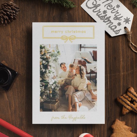 White Gold  Bow Foto Merry Kerstry Folie Feestdagenkaart