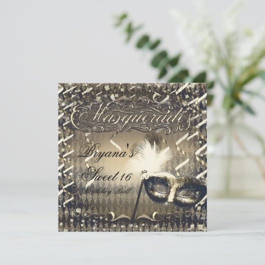 White Gold & Bronze Masquerade Mask Birthday Party Kaart (Staand voorkant)