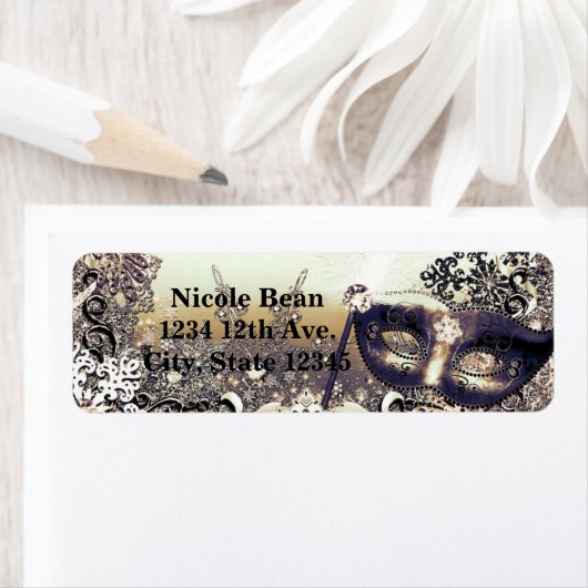 White Gold & Bronze Masquerade Winter Snowflakes Etiket (Insitu)