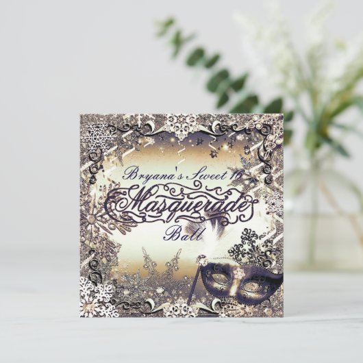 White Gold & Bronze Masquerade Winter Snowflakes Kaart (Staand voorkant)