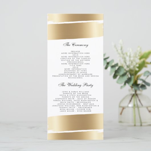 White & Gold Brush Stroke Wedding Programma Programmakaart (Staand voorkant)