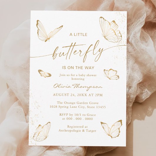 White Gold Butterfly Baby shower Kaart