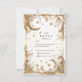 White Gold Celestial Moon & Stars Wedding RSVP Kaartje (Voorkant)