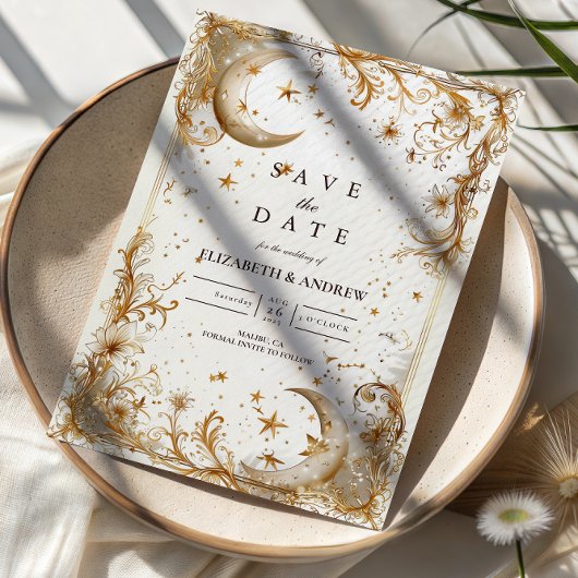 White Gold Celestial Moon & Stars Wedding Save The Date