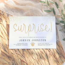 White & Gold Chic Script Surprise Birthday Party