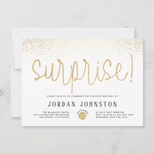 White & Gold Chic Script Surprise Birthday Party Kaart (Voorkant)
