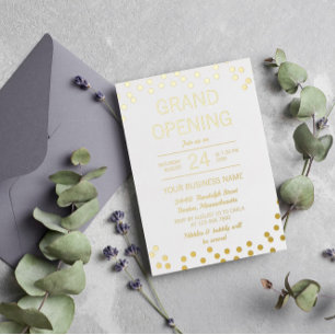 White & Gold Confetti Business Grand Opening Folie Uitnodiging
