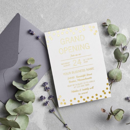 White & Gold Confetti Business Grand Opening Folie Uitnodiging