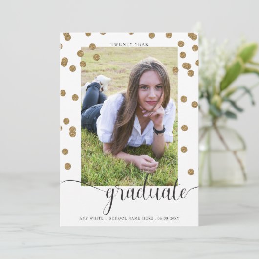 White Gold Confetti Foto Afstuderen Aankondiging (Staand voorkant)