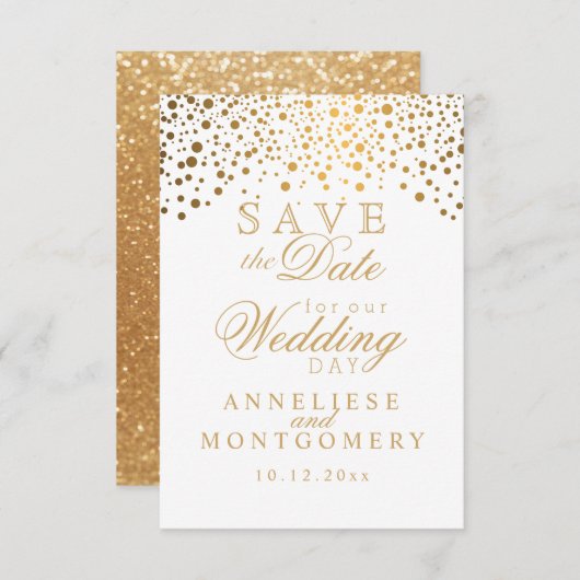 White & Gold Confetti & Glitter Save the Date (Voorkant / Achterkant)