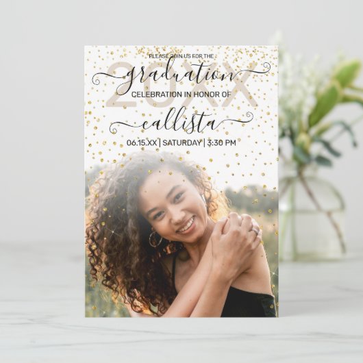 White Gold Confetti Photo Collage Afstuderen Kaart (Staand voorkant)