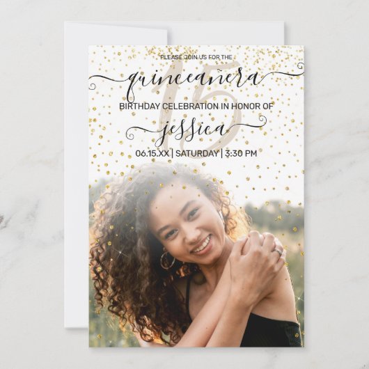 White Gold Confetti Photo Collage Quinceañera Kaart (Voorkant)