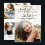 White Gold Confetti Photo Collage Sweet 16 Kaart<br><div class="desc">Deze en meisjes zoete fotocollage-uitnodiging voor zestien verjaardagsfeestjes is perfect voor het trendy en stijlvolle meisje. Het is voorzien van faux gedrukt sparkly goud dat glitter confetti valt boven op een witte en grote gradiënt van de eigenschapfoto ombre met elegante zwarte handgeschreven cursieve manuscripttypografie. Op de achterzijde staan faux gold...</div>