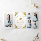 White Gold Confetti Photo Graduparty Drieluik Uitnodiging (Binnen)