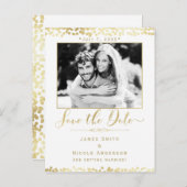White & Gold Confetti Photo Weddenschap Save the D Aankondigingskaart (Voorkant / Achterkant)